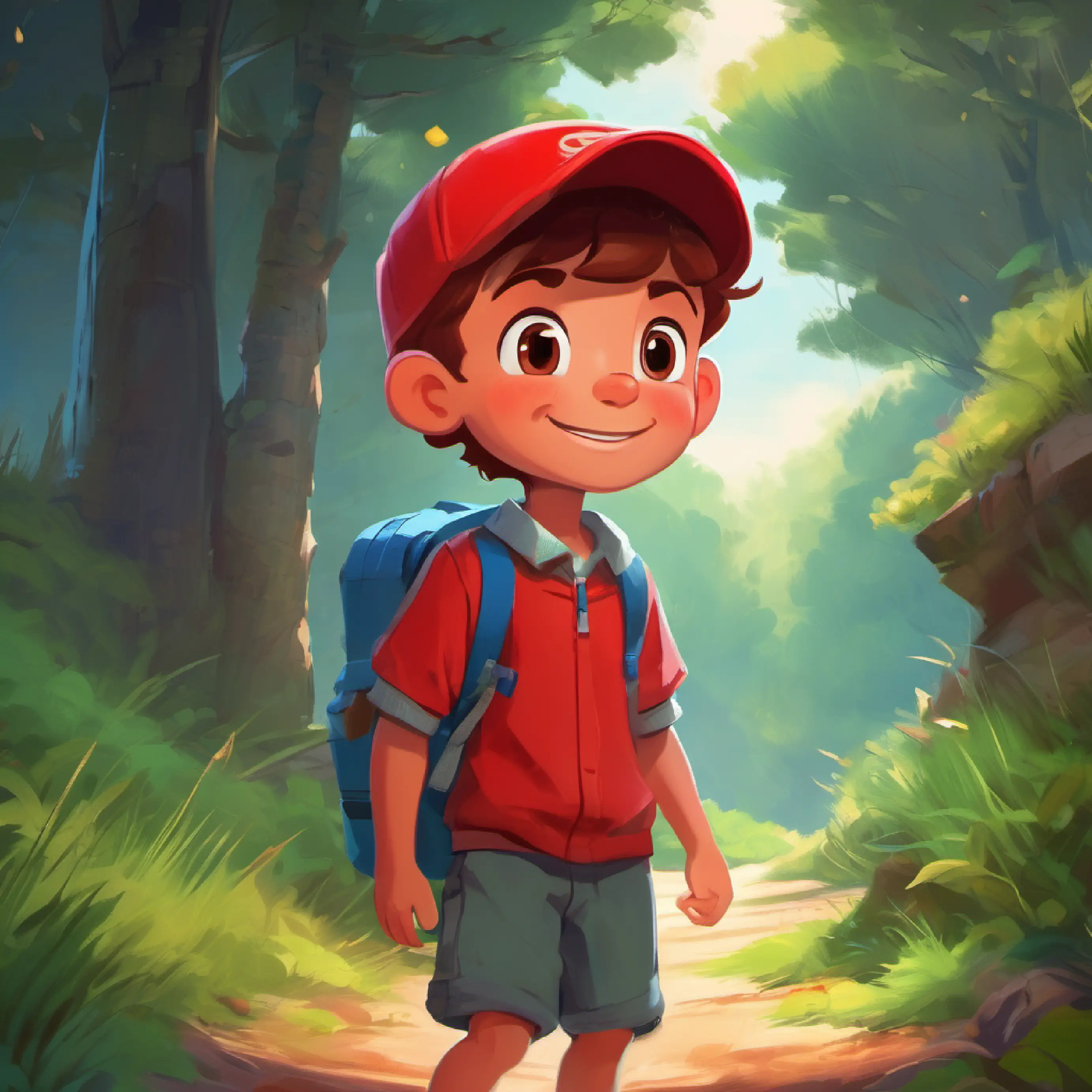 Brave boy with kind eyes and a ready smile, wears a red cap returns home with a memento, ready for future adventures.