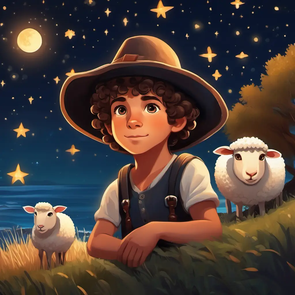 Sardinian boy with chestnut curls, eyes like the sunlit sea, black hat starts his adventure, night setting with stars and sheep.