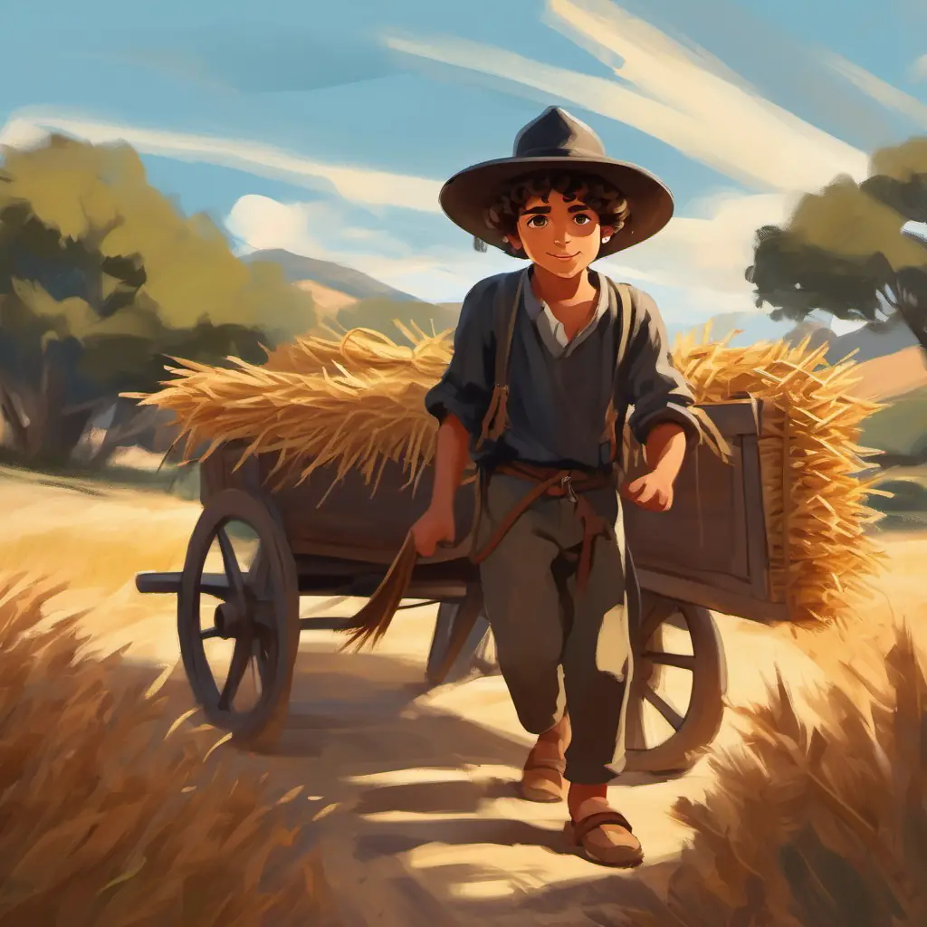 Sardinian boy with chestnut curls, eyes like the sunlit sea, black hat prepping the ox-drawn cart, loaded with straw.