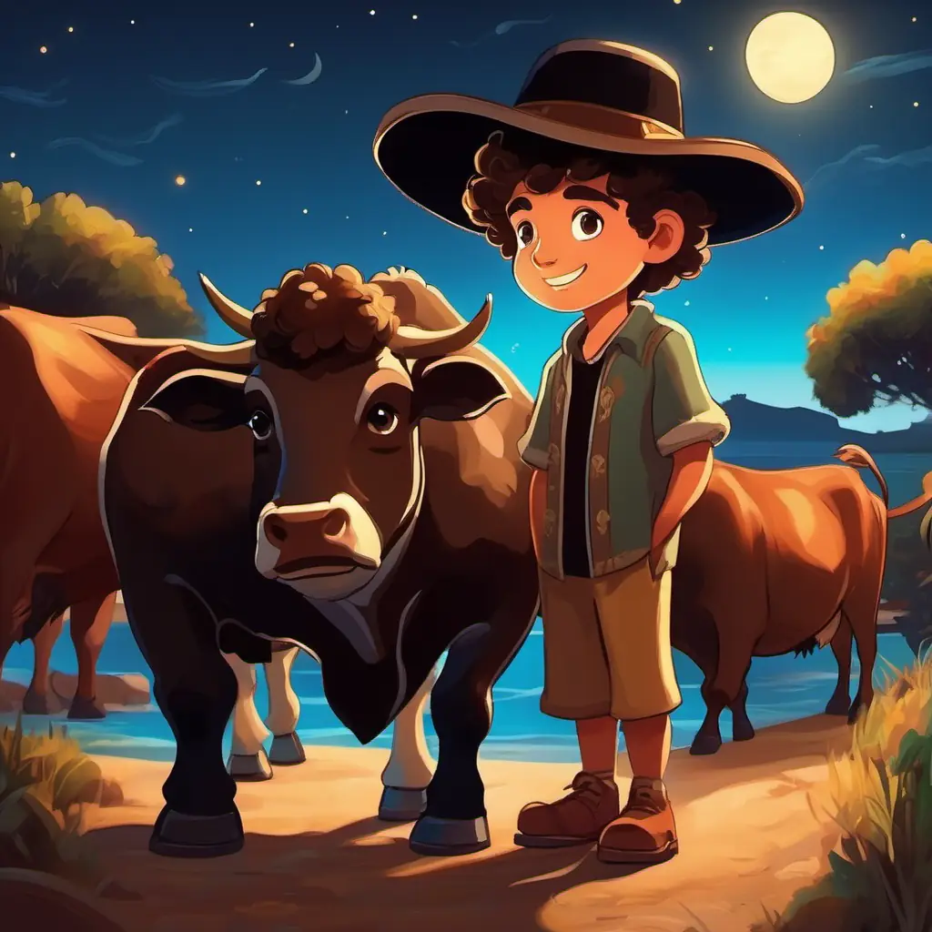 Sardinian boy with chestnut curls, eyes like the sunlit sea, black hat talking to his oxen, Luna and Sole, at night.