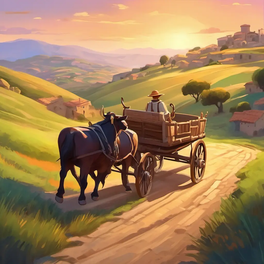 Ox-drawn cart journeying through the hilly Sardinian landscape.