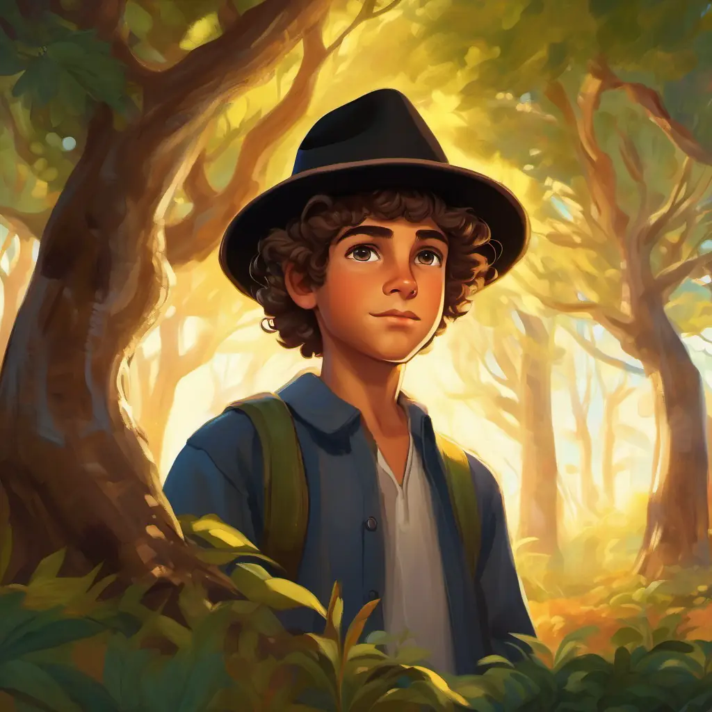 Enchanted grove scene, Sardinian boy with chestnut curls, eyes like the sunlit sea, black hat attentively listening.