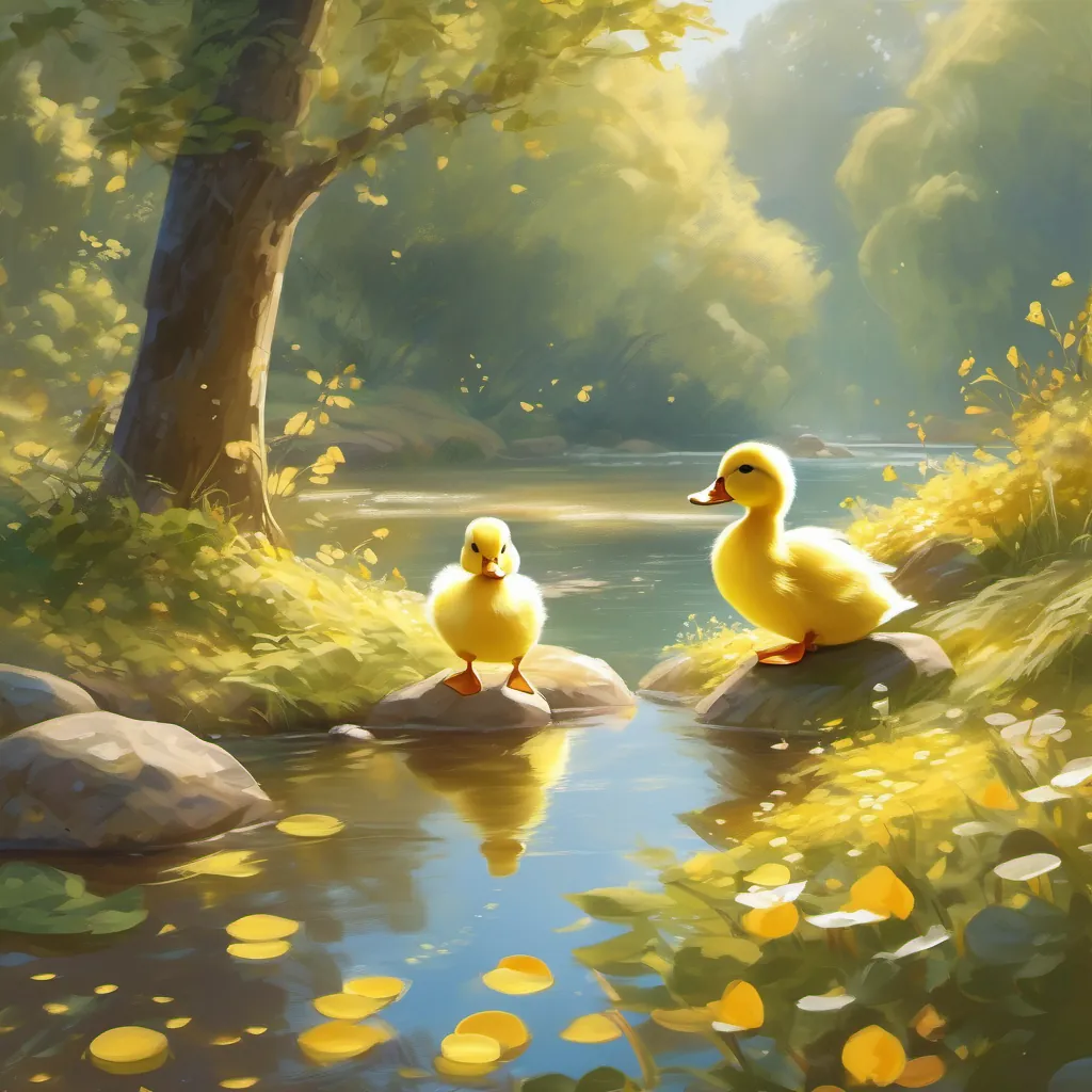 A golden-yellow duckling with its mother duck and white siblings by a sparkling river.