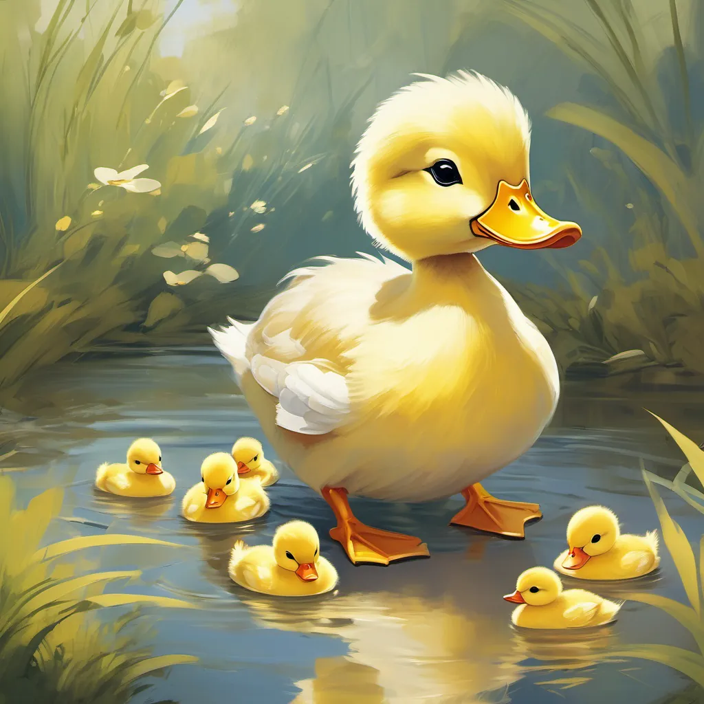 A sad golden-yellow duckling surrounded by other ducklings teasing it, and Mother Duck looking displeased.