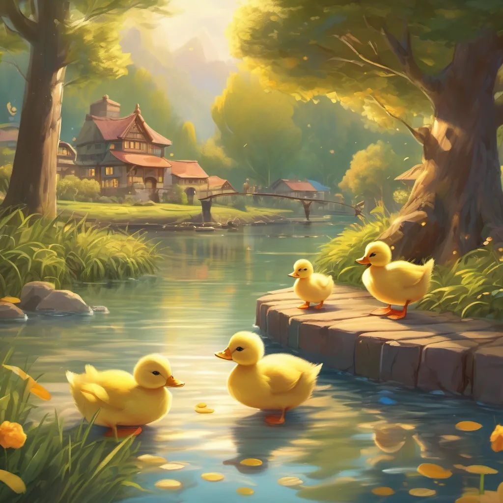 Golden duckling shining brightly, surrounded by happy friends and family by the river.