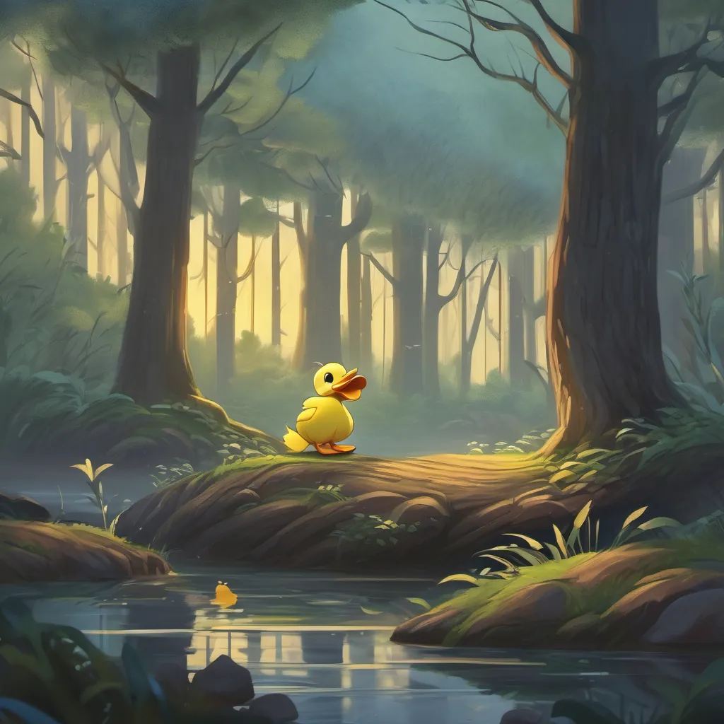 A lonely duckling in a dark, ominous forest, crying under a giant tree.