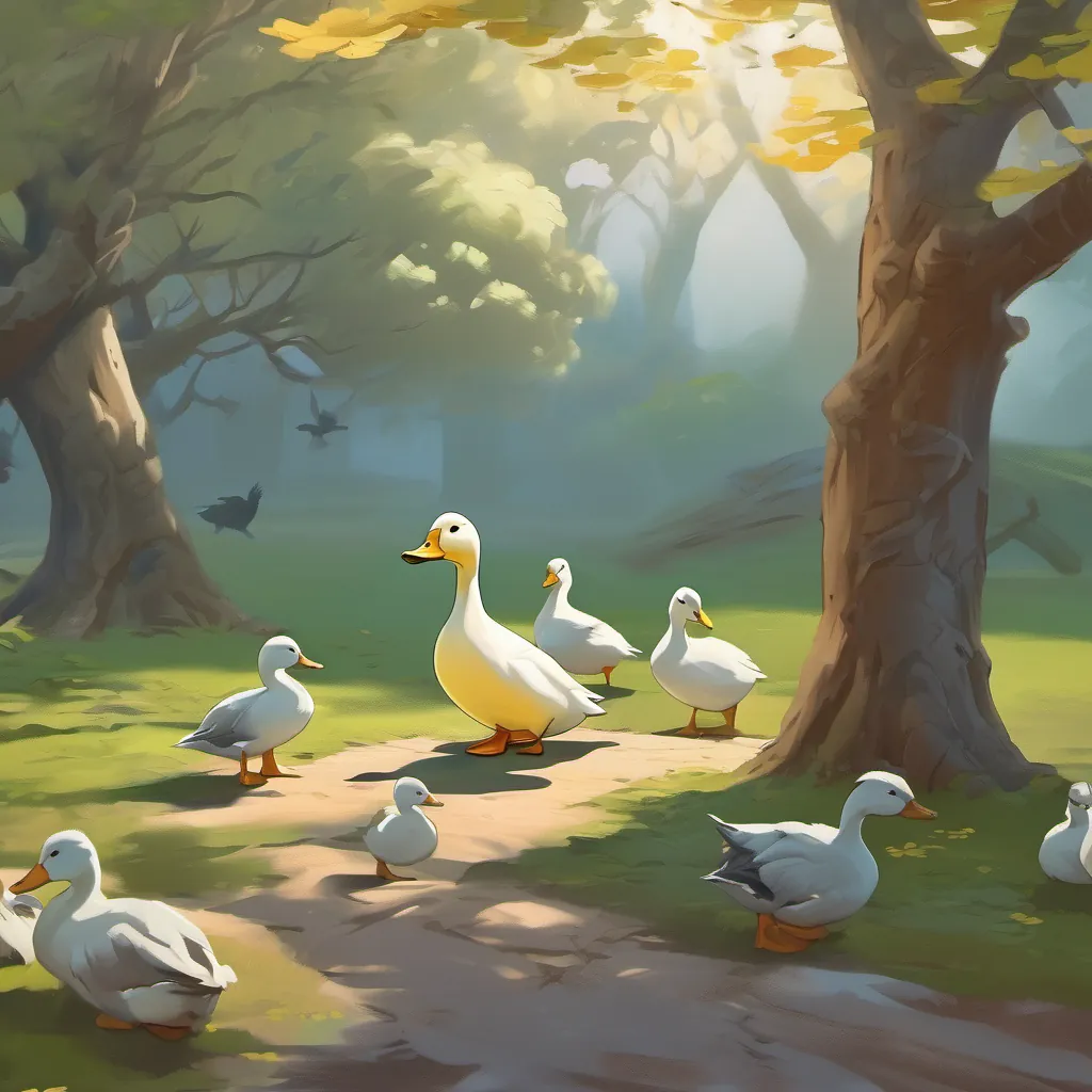 A sad duckling being comforted by a kind flock of wild geese under a large tree.