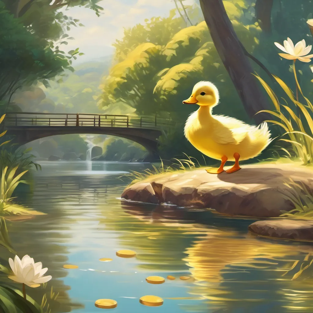 Golden duckling swimming happily near a familiar riverbank.