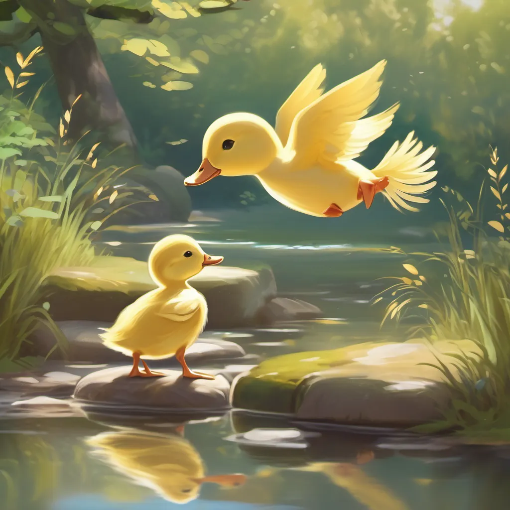 Golden duckling waddling up to a riverbank where its family is waiting.