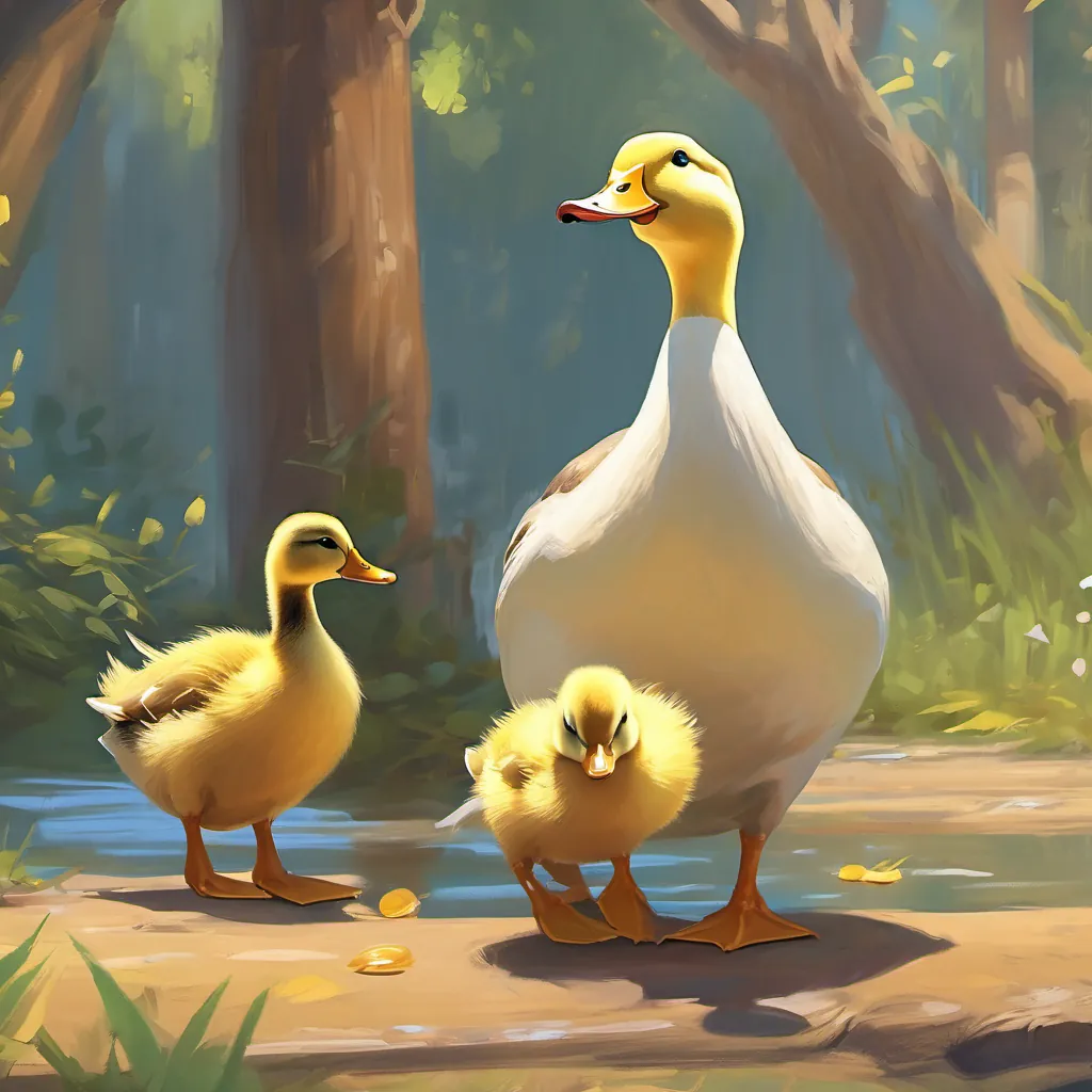 Mother Duck looking astonished and siblings admiring the golden duckling.