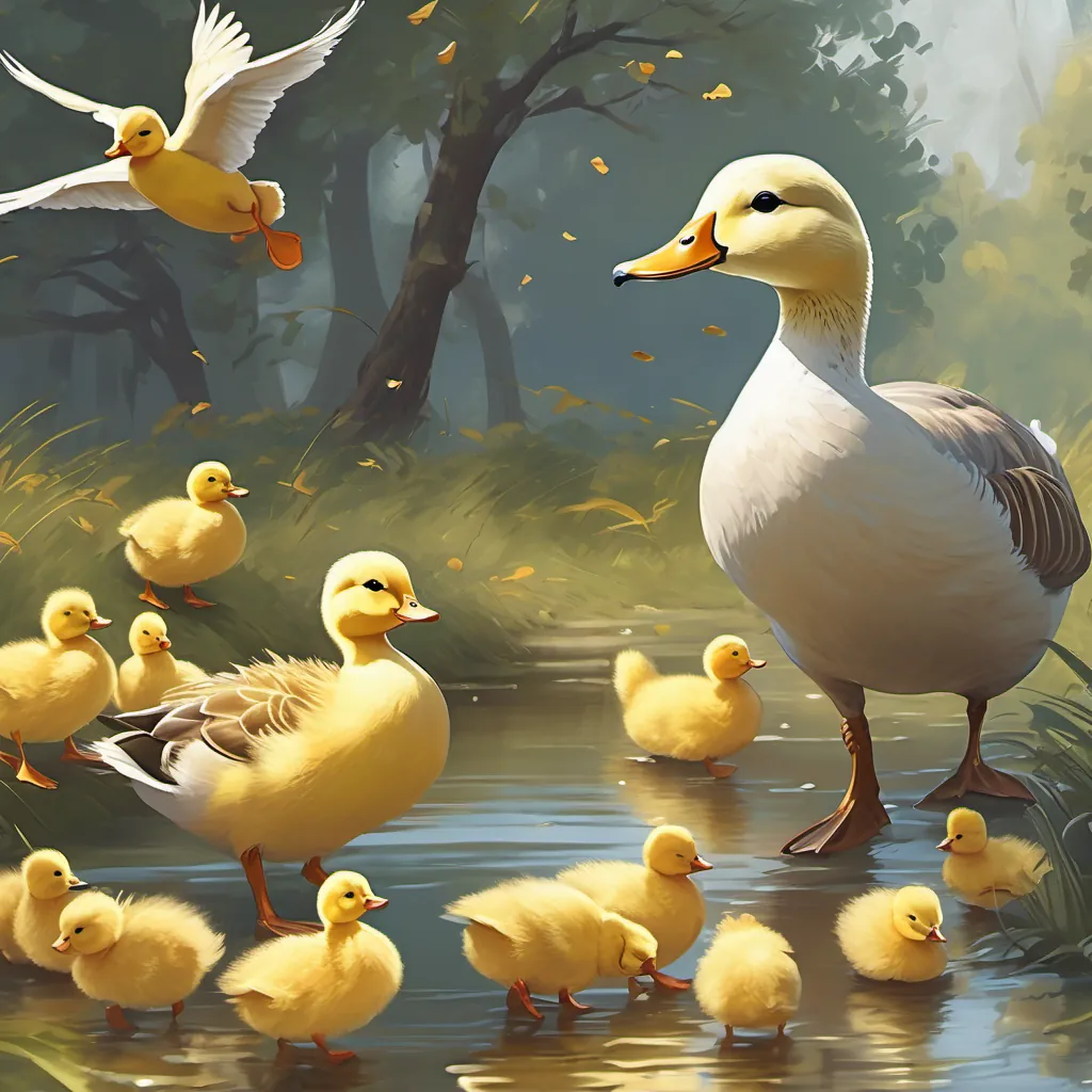 Golden duckling happily embraced by its family and wild geese friends.