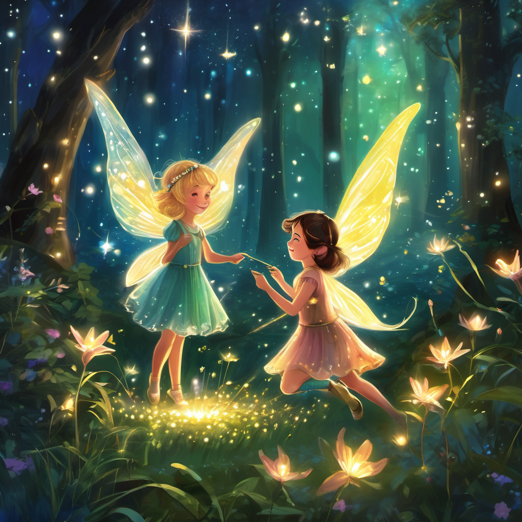 One night, Lily wished to explore the secret land of fairies. In a blink of an eye, Sparkle transformed into a shiny necklace and told Lily to hold it tight. Suddenly, they were soaring through the starry sky, arriving in a magical forest full of twinkling lights. There, they saw fairies dancing on moonbeams and singing enchanting songs. Lily and Sparkle joined in the fairy fun, twirling and spinning among the fireflies. They made friends with the kind-hearted fairy queen, who gifted them a small vial of fairy dust to take back home. The sparkling dust had the power to make dreams come true!