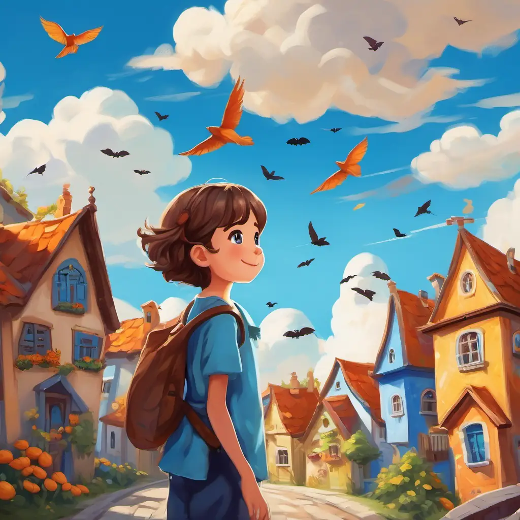 Brown hair, bright blue eyes, always wearing a smile is playing outside on a sunny day, looking up at the clouds and birds. The town is small with colorful houses and a bright blue sky.