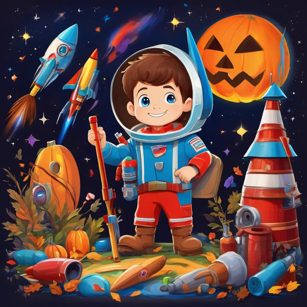 Brown hair, bright blue eyes, always wearing a smile is in his backyard, surrounded by tools and colorful rockets. The rocket is round and red with shiny stripes.