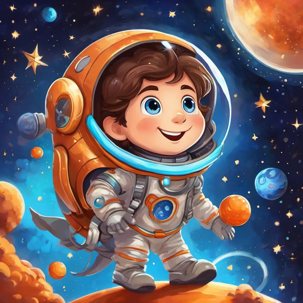 Brown hair, bright blue eyes, always wearing a smile is soaring through space, surrounded by twinkling stars and bright planets. He's wearing a spacesuit and his rocket is zooming through the galaxy.
