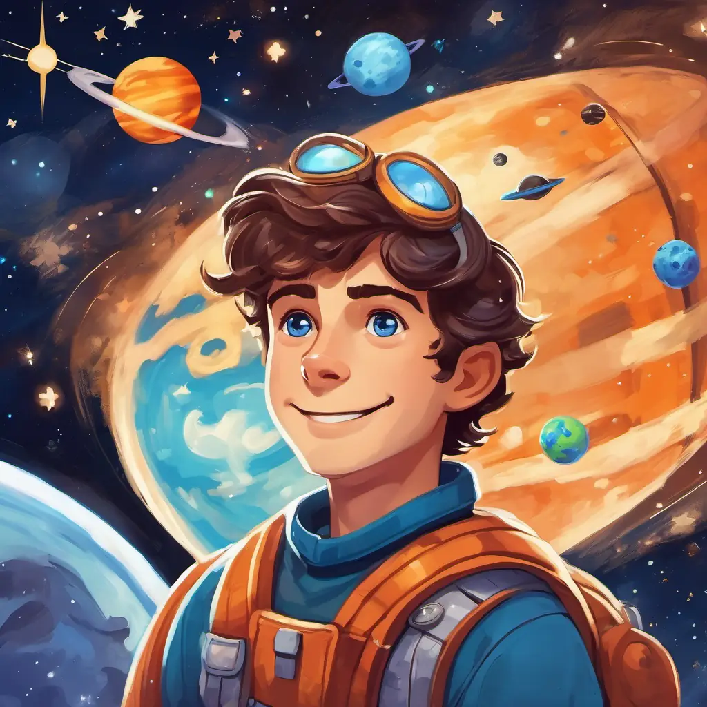 Brown hair, bright blue eyes, always wearing a smile is floating in space, looking a little homesick. He's surrounded by stars and planets, with his rocket flying beside him. The Earth is far below him.