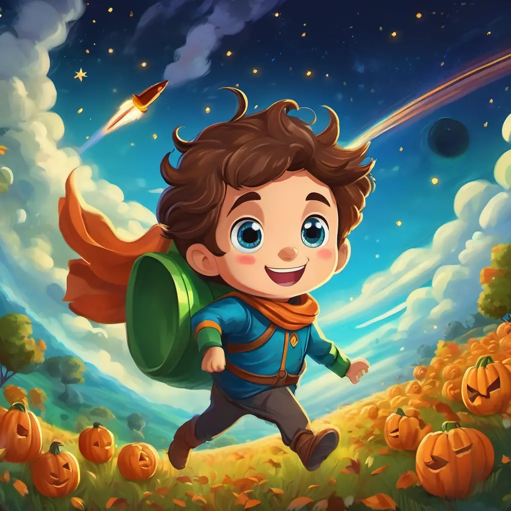 Brown hair, bright blue eyes, always wearing a smile is steering the rocket back towards Earth, his face beaming with joy. The Earth is getting closer and closer, with green fields and trees becoming visible.