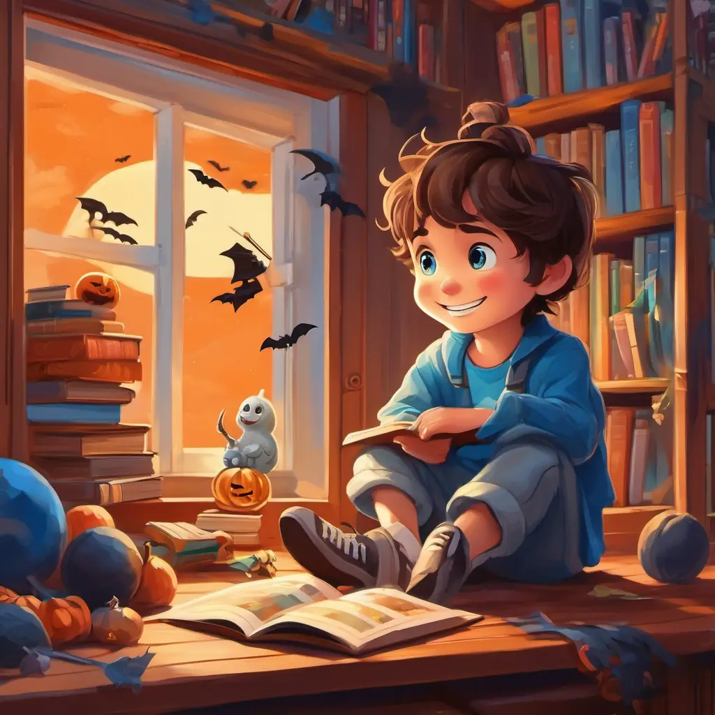 Brown hair, bright blue eyes, always wearing a smile is in his room, surrounded by toys and books. He's looking out the window at the sky, with a big smile on his face.