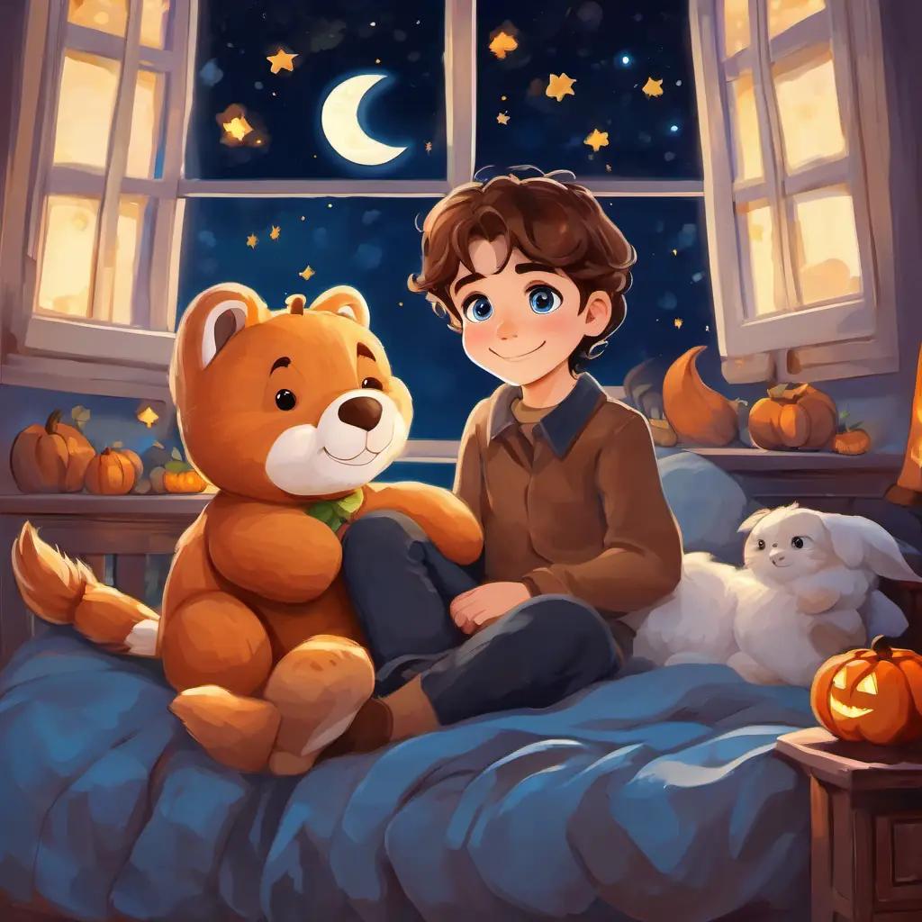 Brown hair, bright blue eyes, always wearing a smile is snuggled up in bed, with his favorite stuffed animals. The moon is shining through the window, and the stars are twinkling in the night sky.