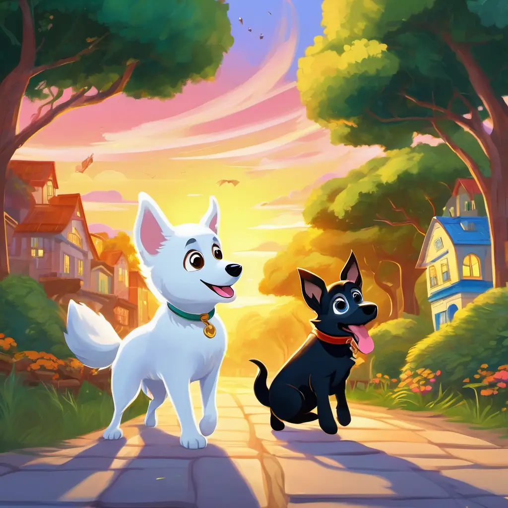 A colorful town by the sparkling sea, with houses, trees, and the sun shining brightly. A golden fur dog with big brown eyes, wagging tail, A spotted dog with floppy ears, smiling and playful, A sleek black dog with alert eyes, wagging tail, and A fluffy white dog with bright eyes, bouncing with joy are running towards a tree with a kitten stuck on a branch.