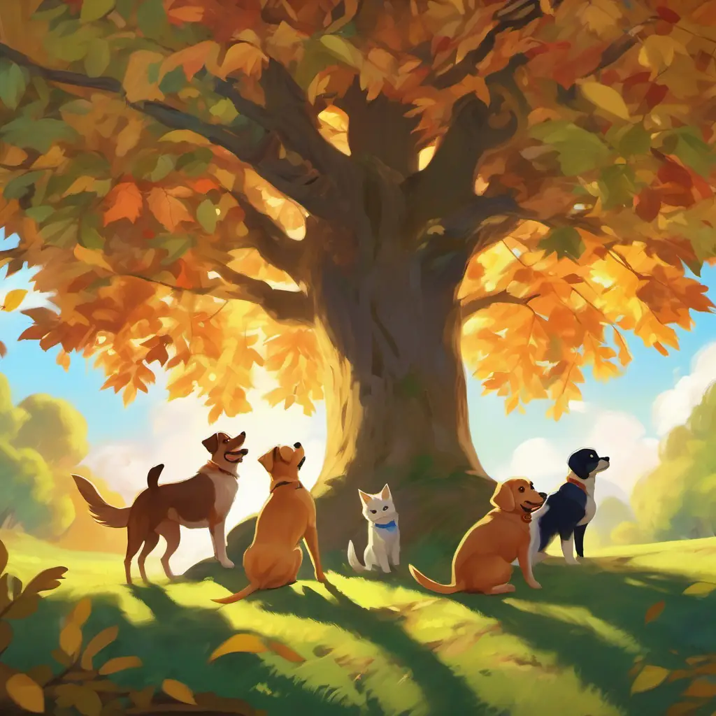 The dogs are surrounding the tree, looking up at the kitten, who is smiling. There are leaves and branches all around.