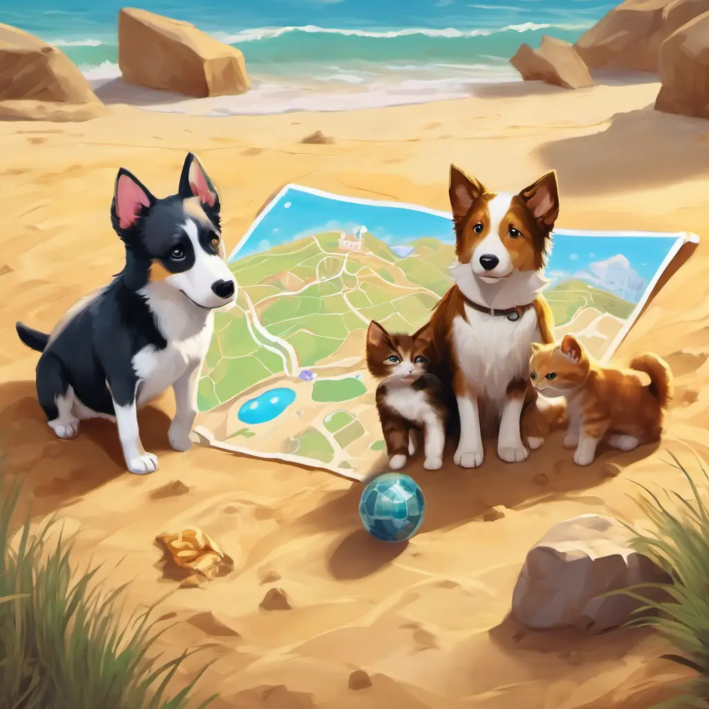 The dogs and the kitten are huddling together, looking at a crinkled map in the sand. There's a big X marking the treasure spot.