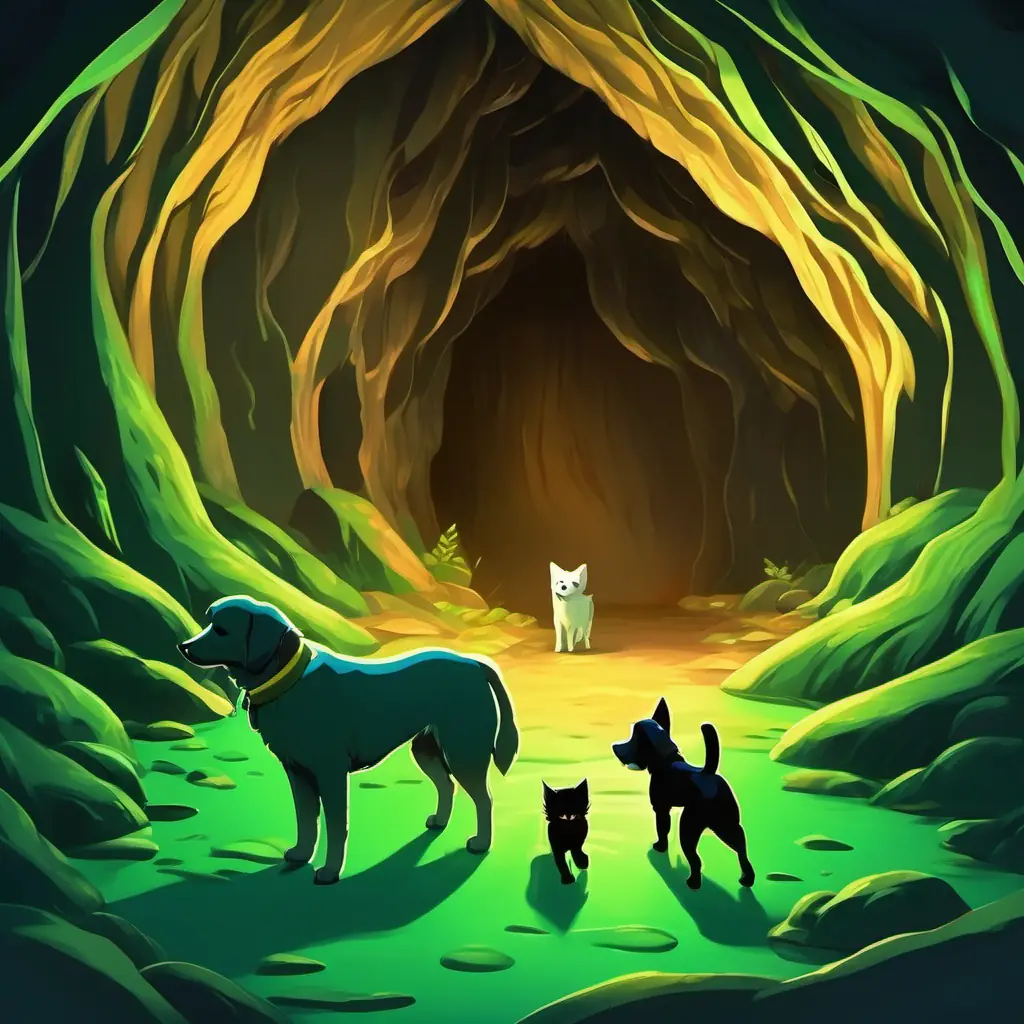 The dogs and the kitten are walking into a dark cave with green, glowing waves at the entrance. The cave seems mysterious and a little spooky.