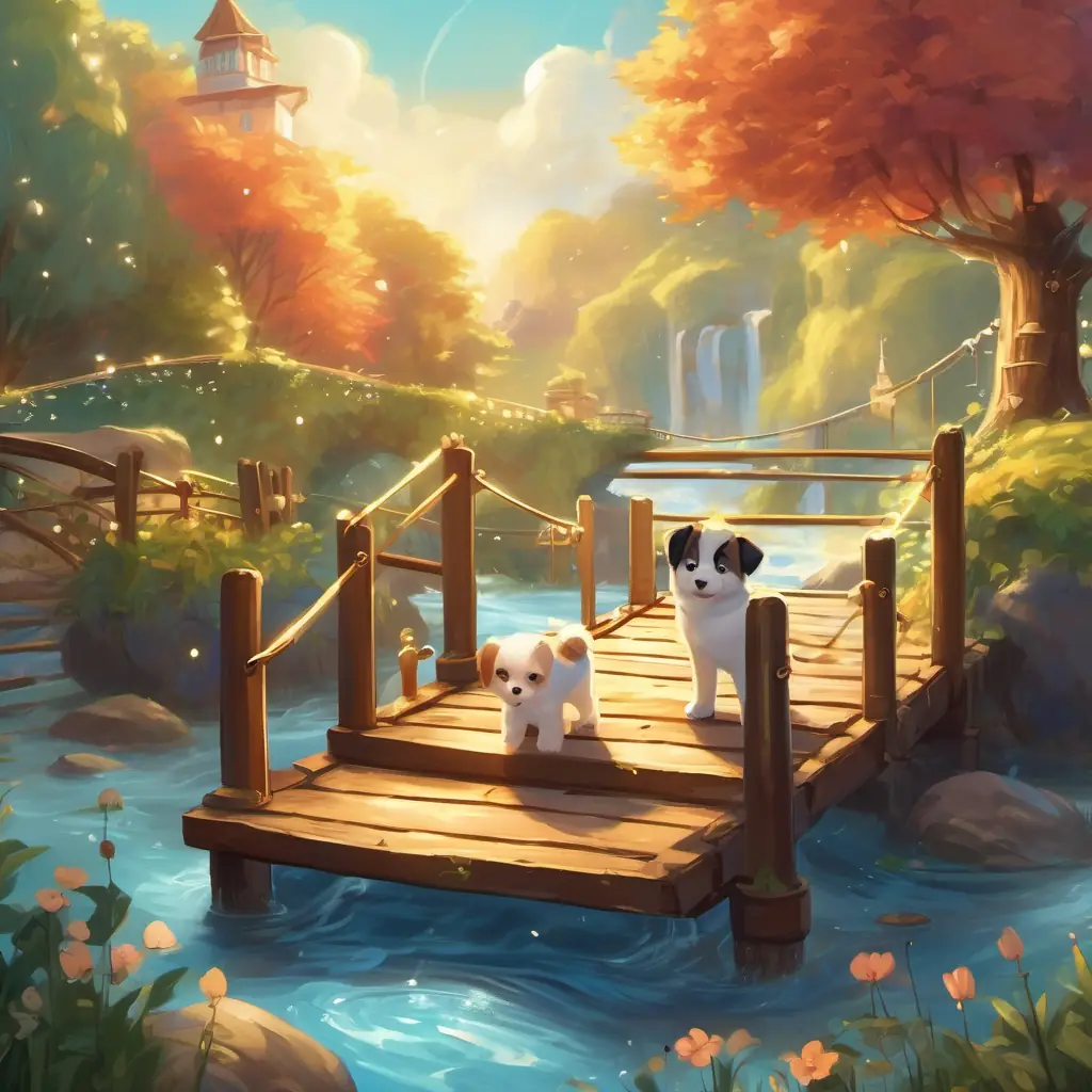 The dogs and the kitten are crossing a wobbly bridge over a river. On the other side, there's a glittering treasure chest surrounded by sparkles.