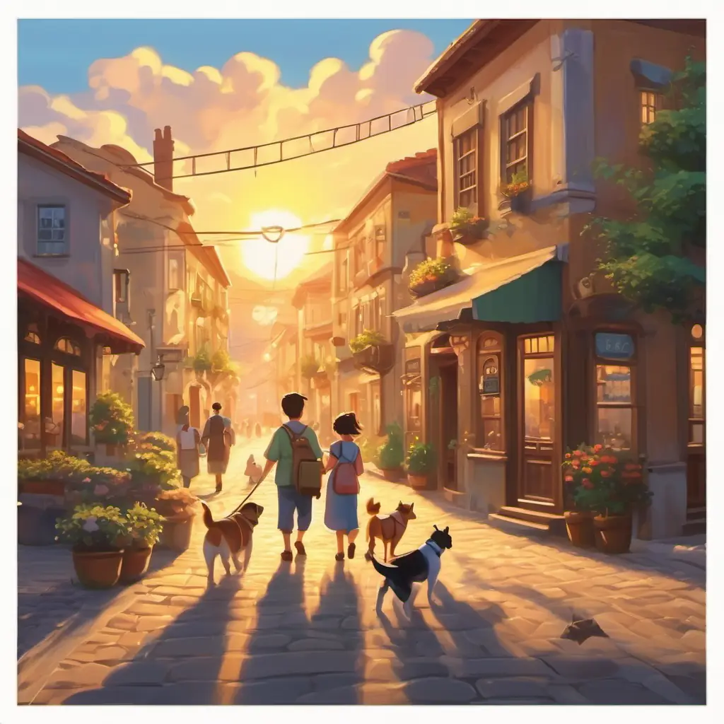 The dogs and the kitten are happily walking back through the town. The sun is setting, and everyone is smiling.