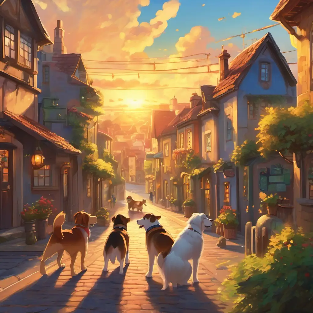 The town is now glowing in the setting sun, and the dogs are standing heroically in front of their friends and neighbors, who are all cheering for them.