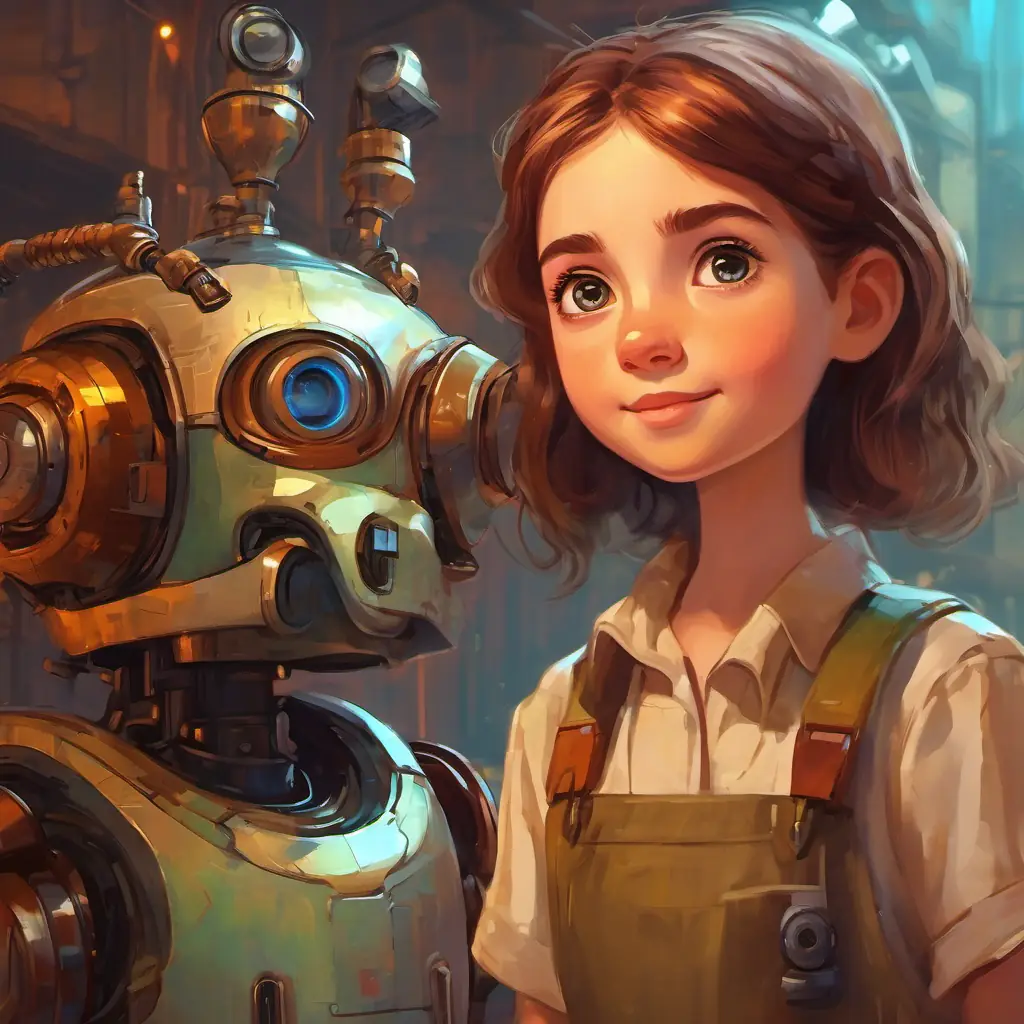 Curious girl with hazel eyes, fair skin, and a constant smile and Old robotic assistant with kind, LED-lit eyes and rusted but caring exterior's friendship, dynamic duo of human and machine.