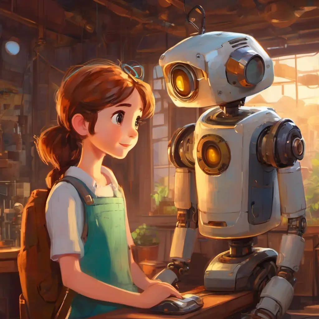 Collaboration between Curious girl with hazel eyes, fair skin, and a constant smile and Old robotic assistant with kind, LED-lit eyes and rusted but caring exterior, learning from each other.