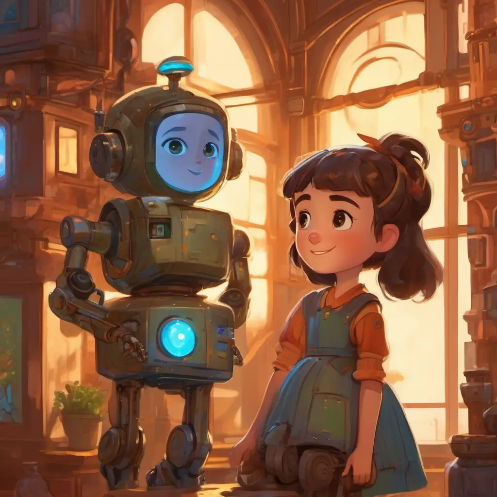 Mutual learning and growth between Curious girl with hazel eyes, fair skin, and a constant smile and Old robotic assistant with kind, LED-lit eyes and rusted but caring exterior.