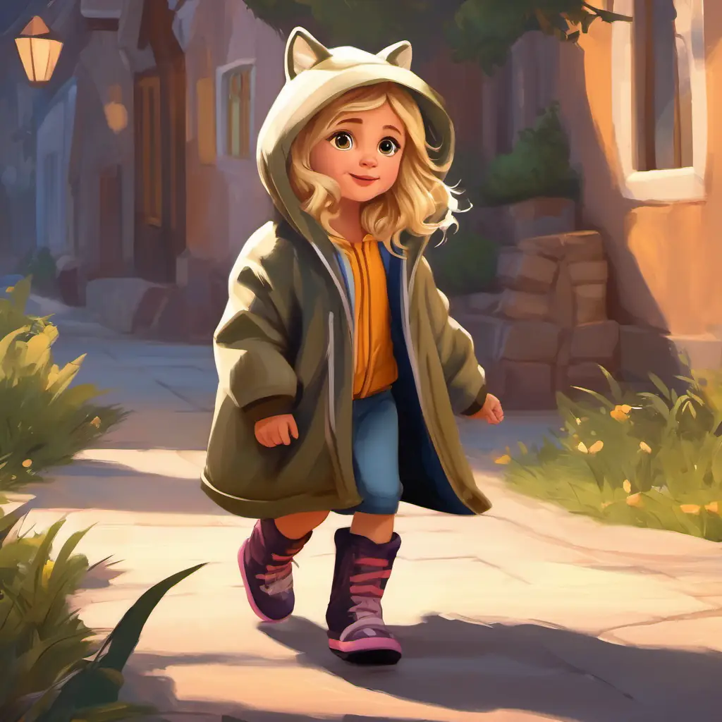 Four-year-old girl, blonde hair, loves playing as Ava's alter ego, a brave and free little wolf in a hoodie, a wolf dresses in her favorite wolf hoodie, resembling Ava's alter ego, a brave and free little wolf in a hoodie the wolf.