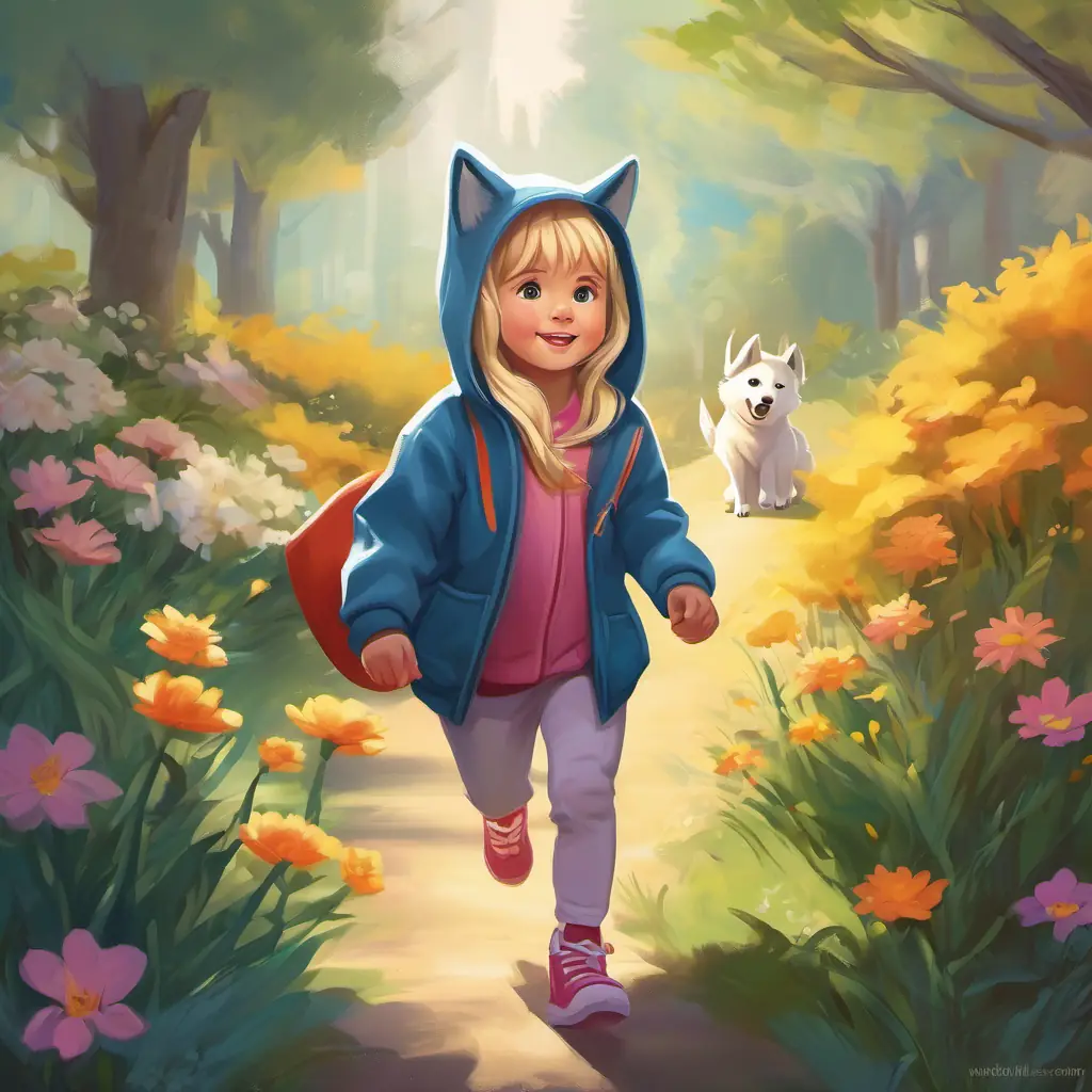 Four-year-old girl, blonde hair, loves playing as Lilly, a wolf becomes Four-year-old girl, blonde hair, loves playing as Lilly, a wolf's alter ego, a brave and free little wolf in a hoodie the wolf, running in the garden confidently.