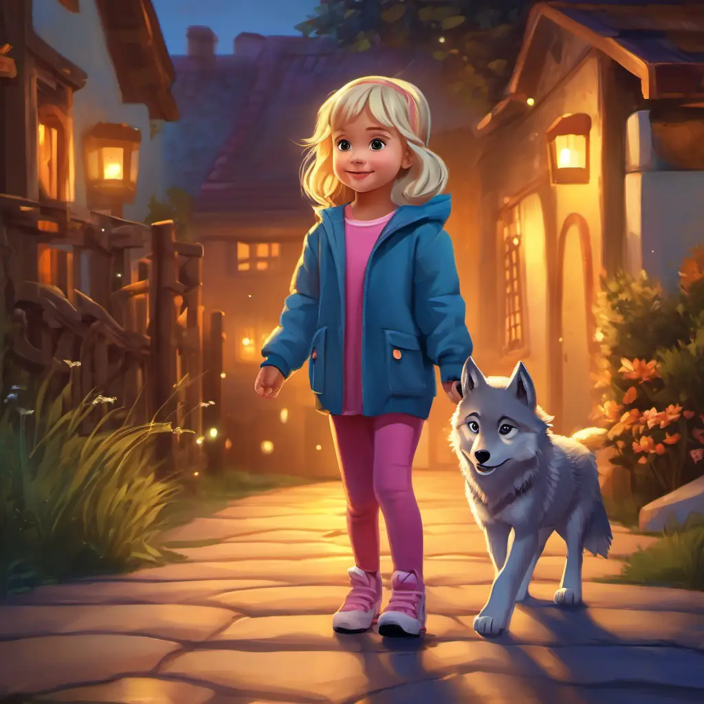 Evening comes, Four-year-old girl, blonde hair, loves playing as Lilly, a wolf's alter ego, a brave and free little wolf in a hoodie becomes Four-year-old girl, blonde hair, loves playing as Lilly, a wolf again, waving goodbye.