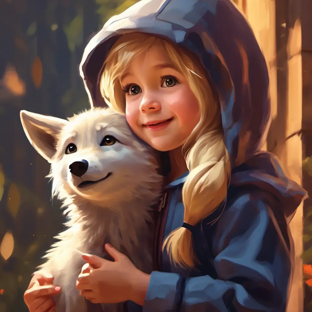 Four-year-old girl, blonde hair, loves playing as Lilly, a wolf feels strong, excited to become Four-year-old girl, blonde hair, loves playing as Lilly, a wolf's alter ego, a brave and free little wolf in a hoodie again tomorrow.