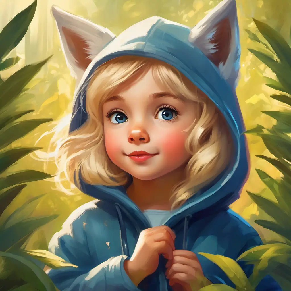 Four-year-old girl, blonde hair, loves playing as Lilly, a wolf's alter ego, a brave and free little wolf in a hoodie sniffs a scent coming from beyond the hedge.