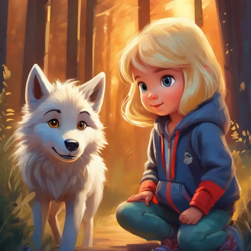 Four-year-old girl, blonde hair, loves playing as Lilly, a wolf's alter ego, a brave and free little wolf in a hoodie approaches and finds a new boy looking nervous.