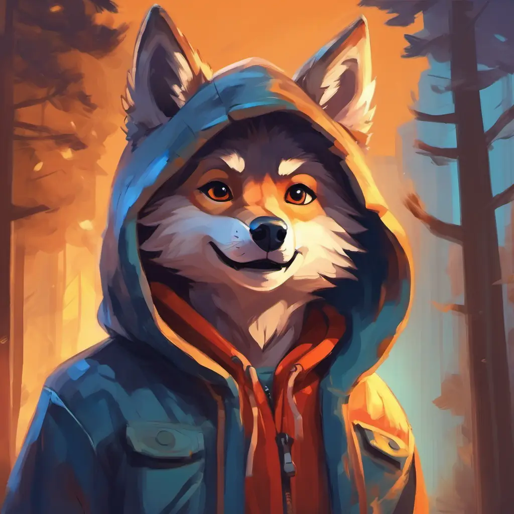 Ava's alter ego, a brave and free little wolf in a hoodie stands still and smiles reassuringly at the boy.