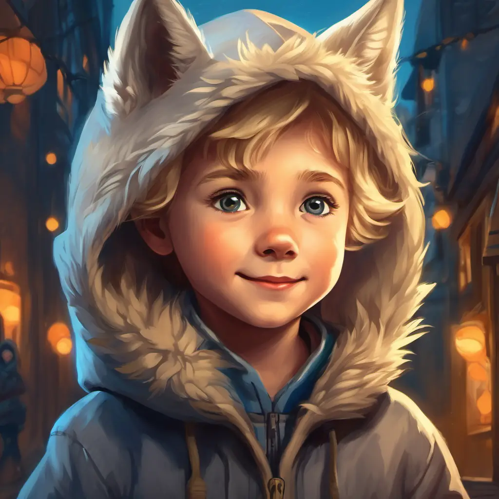 The boy slowly approaches, drawn by Four-year-old girl, blonde hair, loves playing as Lilly, a wolf's alter ego, a brave and free little wolf in a hoodie's smile.