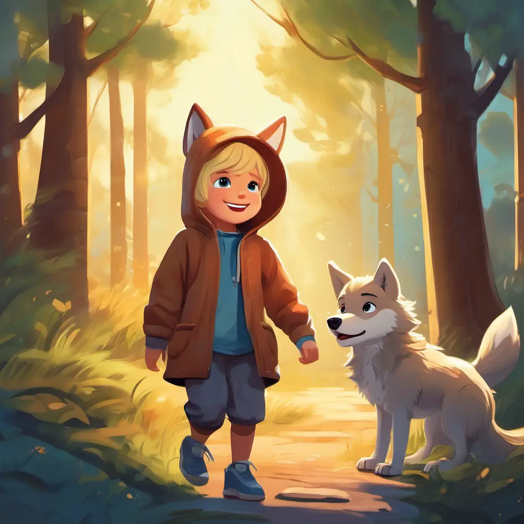 They play hide-and-seek, the boy finds Four-year-old girl, blonde hair, loves playing as Lilly, a wolf's alter ego, a brave and free little wolf in a hoodie and smiles.