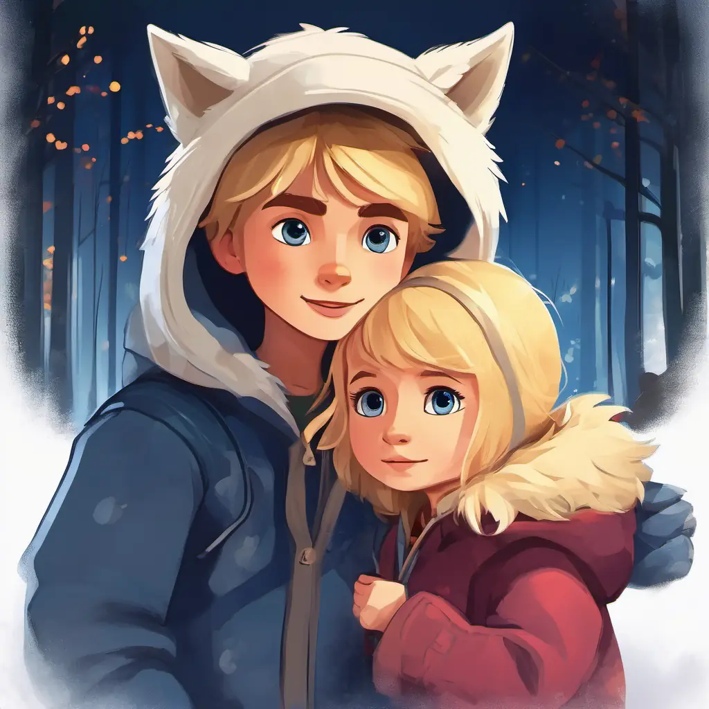 Sharing stories, the boy becomes less shy with Four-year-old girl, blonde hair, loves playing as Lilly, a wolf's alter ego, a brave and free little wolf in a hoodie around.