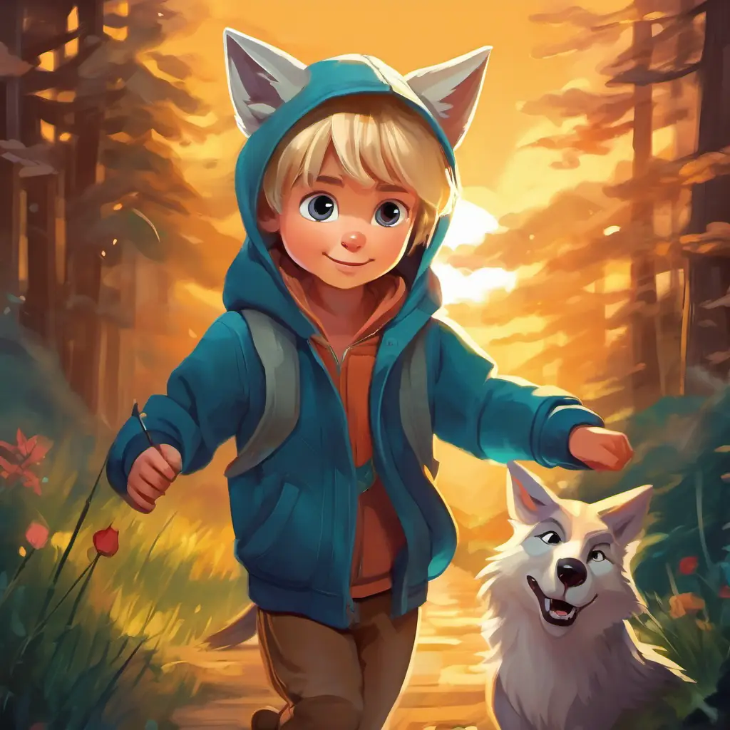 The boy expresses happiness that Four-year-old girl, blonde hair, loves playing as Lilly, a wolf's alter ego, a brave and free little wolf in a hoodie is there, admitting his fear.