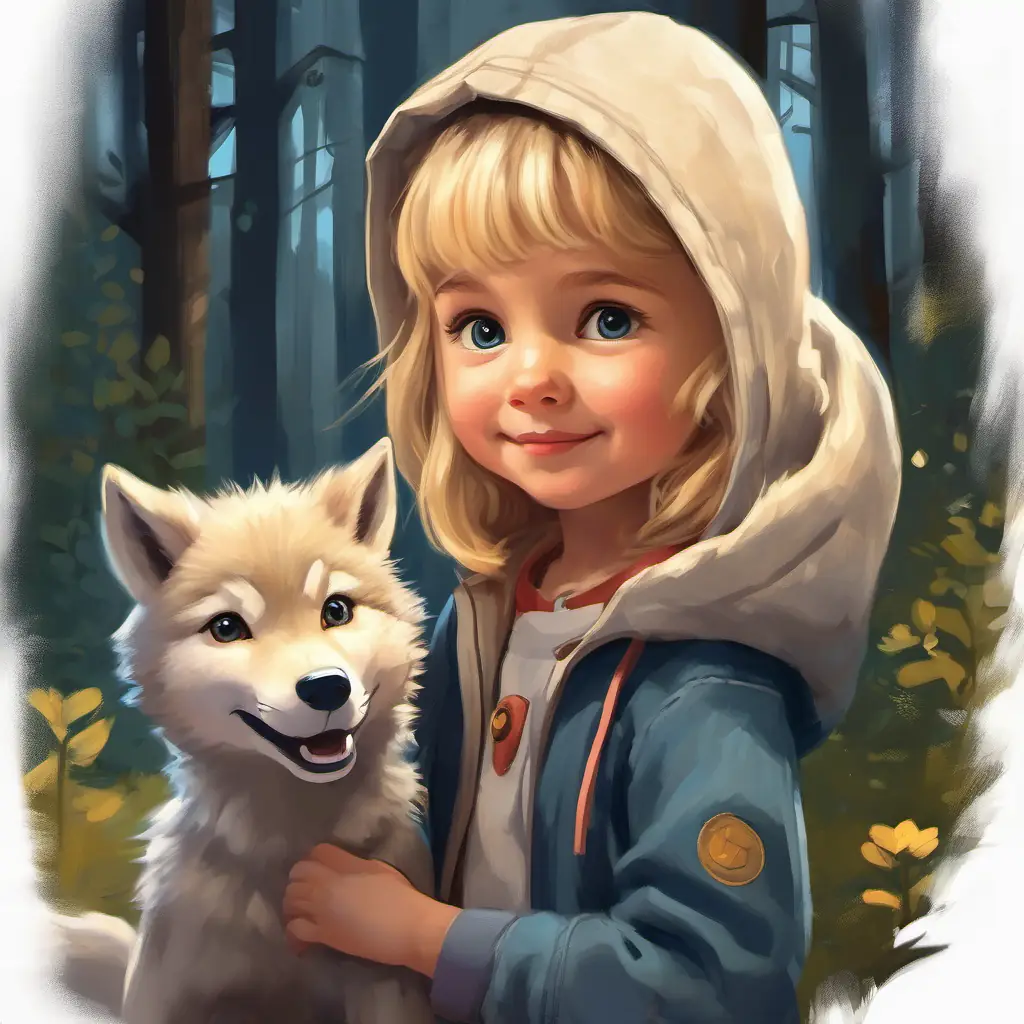 Four-year-old girl, blonde hair, loves playing as Lilly, a wolf's alter ego, a brave and free little wolf in a hoodie reassures him she'll always be there to play.