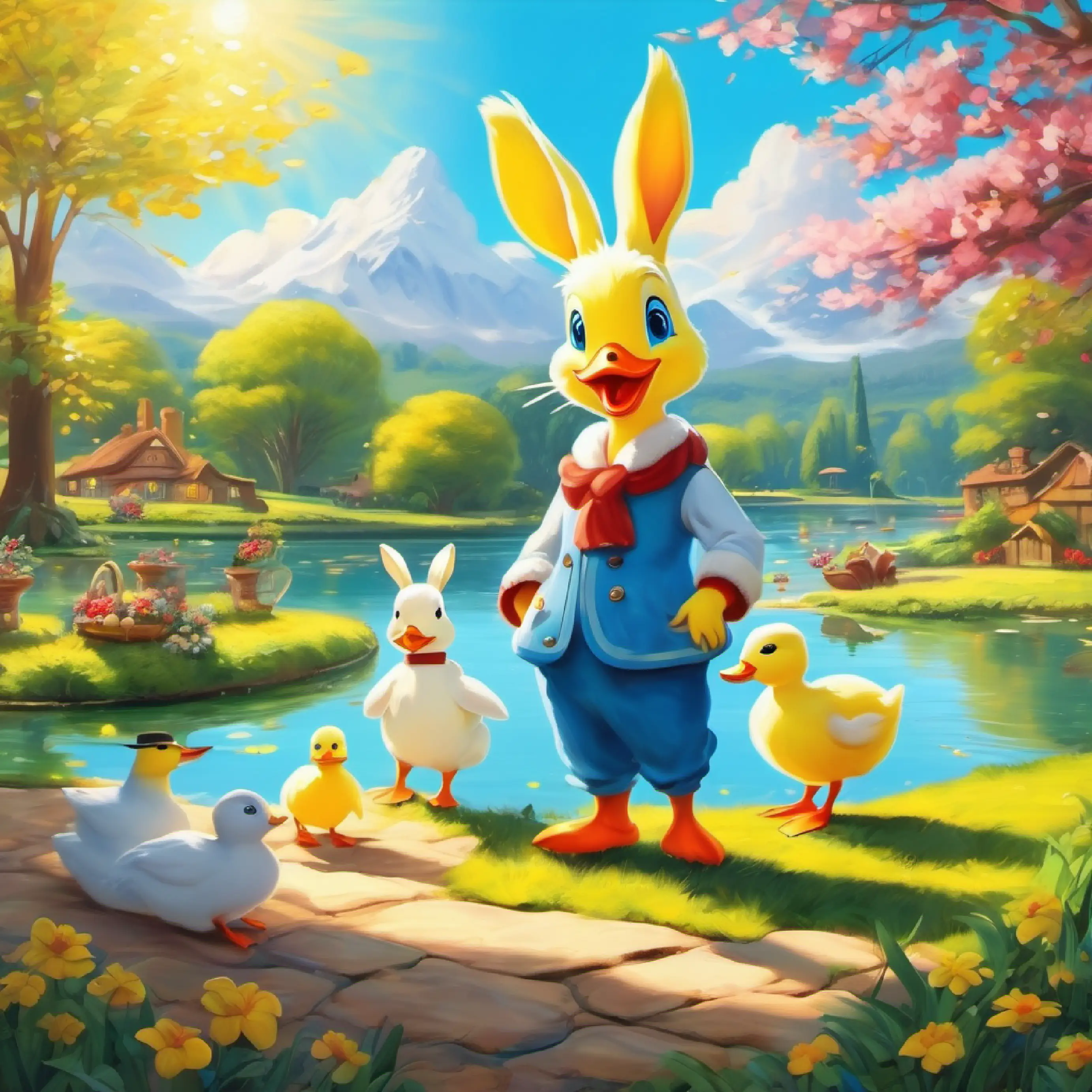 Characters include Yellow duckling with bright blue eyes, White rabbit with chocolate eyes, and the pond. Setting is a sunny day.