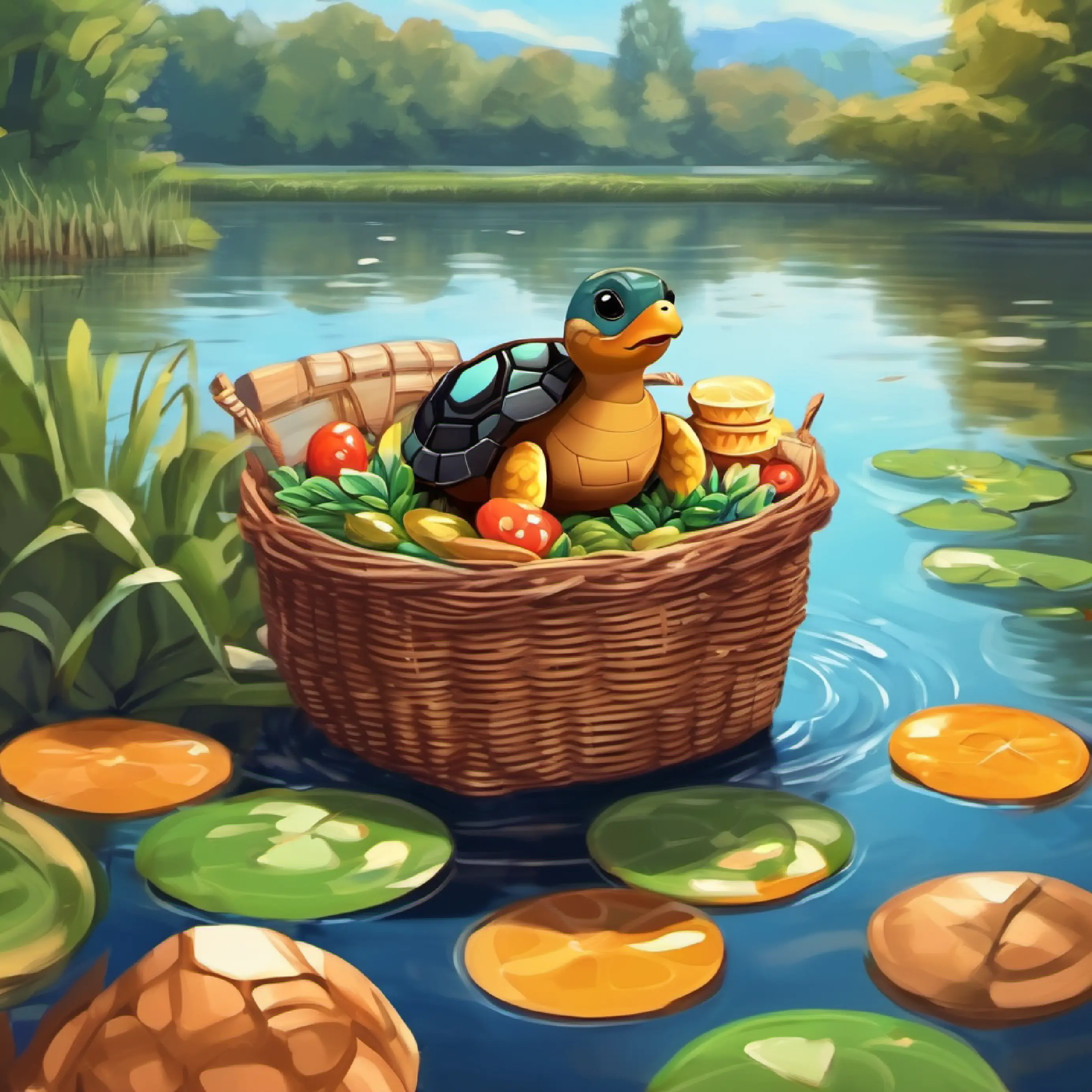 Pato, Brown turtle with gentle black eyes, and their basket of snacks appear near the pond.