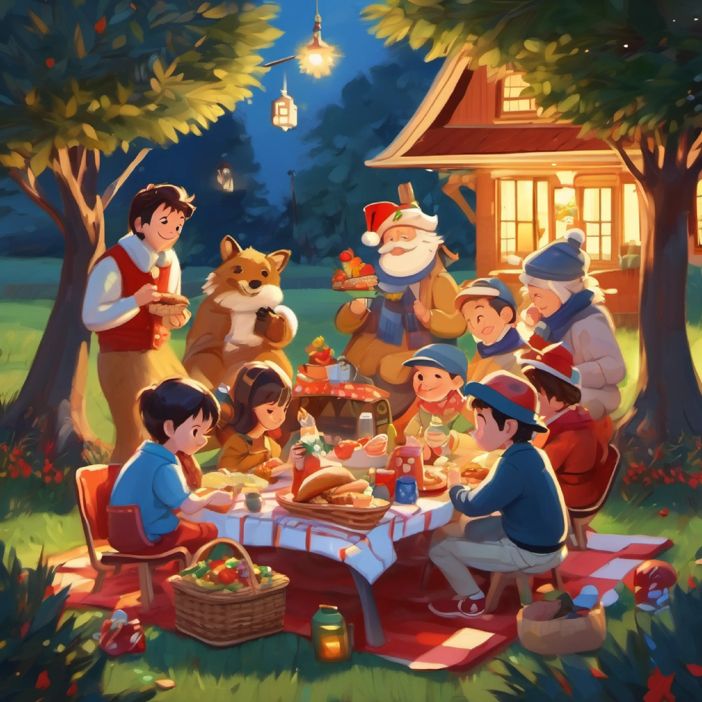 All characters converse and enjoy a festive picnic.