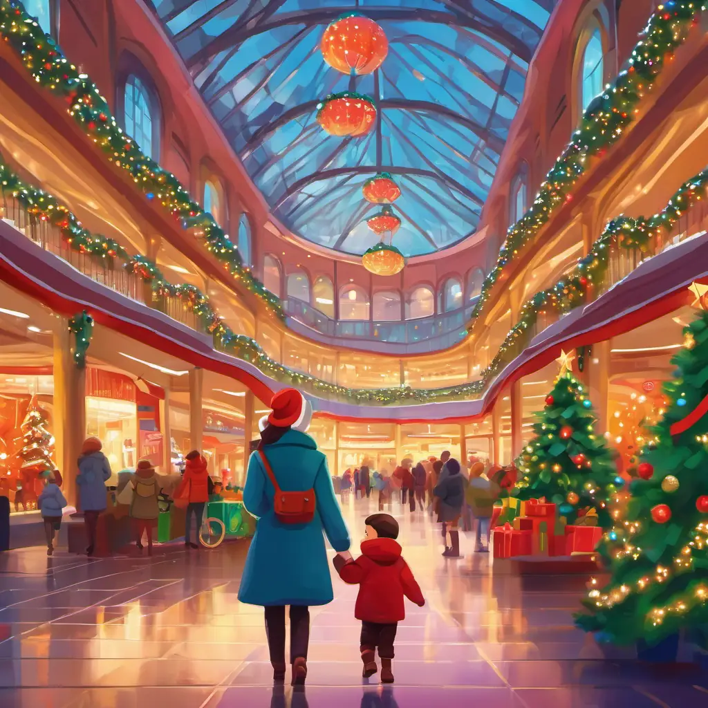 Young Auntie Kyra and her 1-year-old nephew at a vibrant, bustling Christmas-decorated mall.