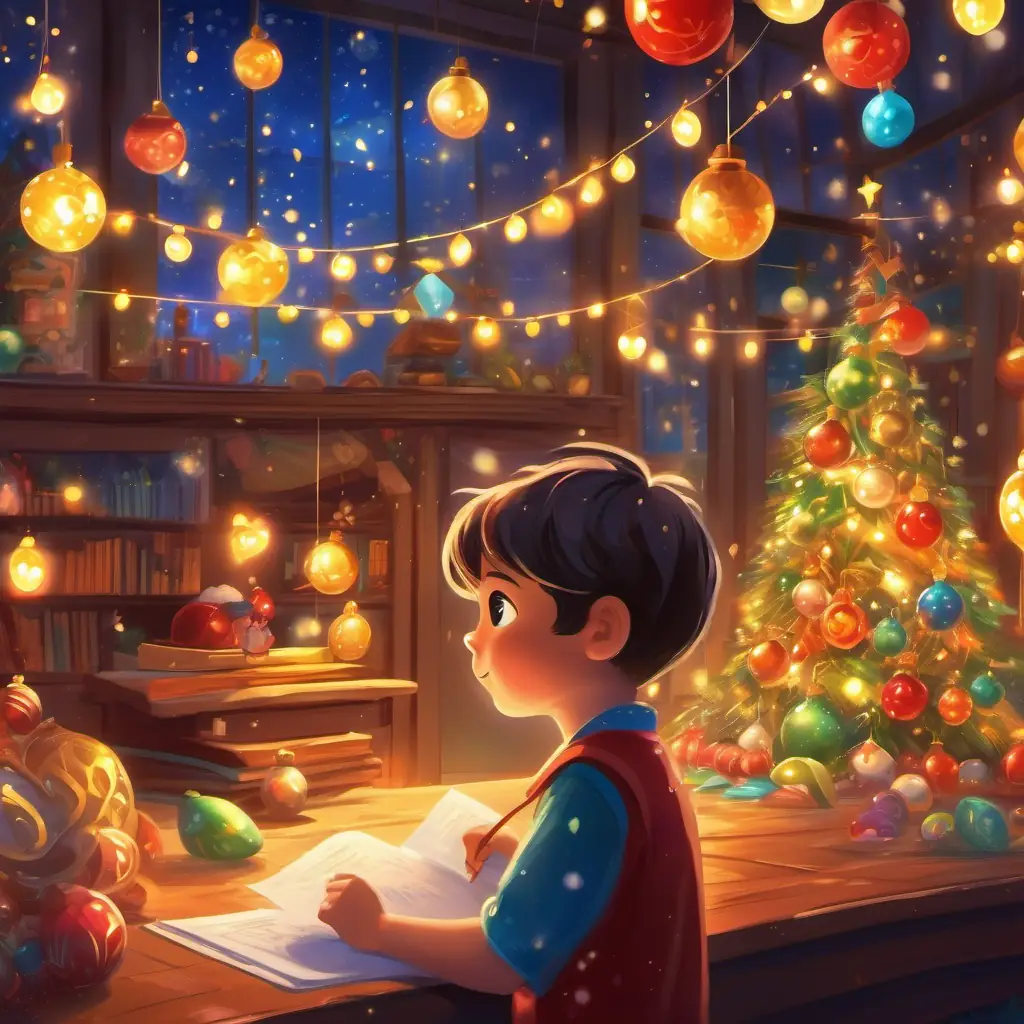 The little boy's wonder at the sparkling lights and vibrant ornaments fills the page.